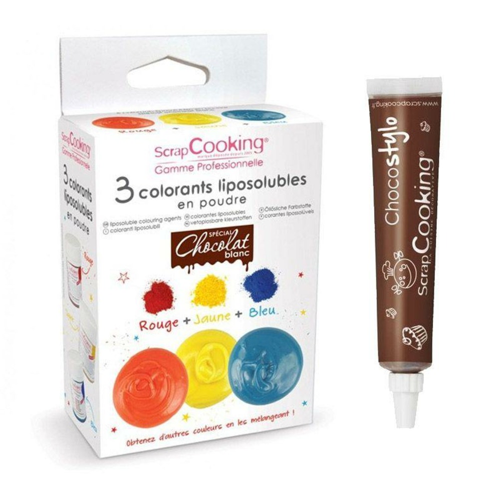 3 colorants liposolubles en poudre + 1 stylo chocolat