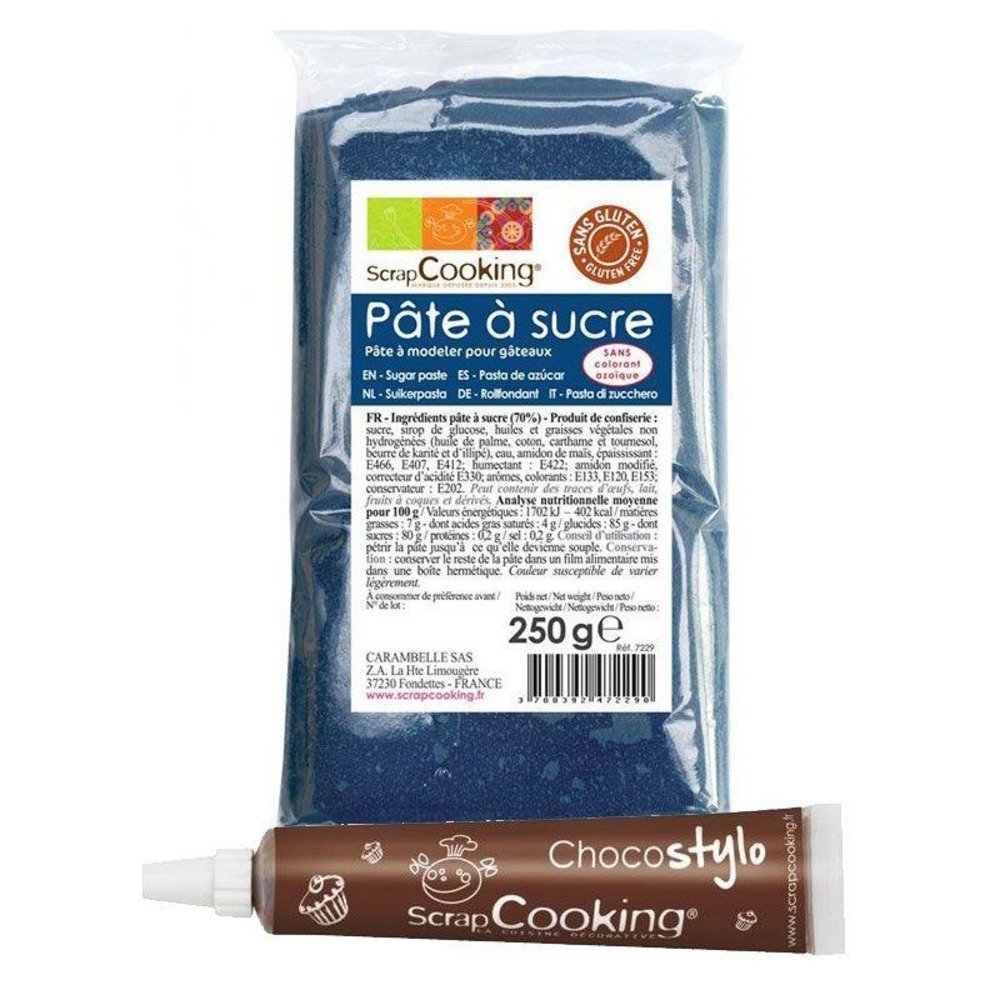 Pâte à sucre bleu foncé 250 g + stylo chocolat