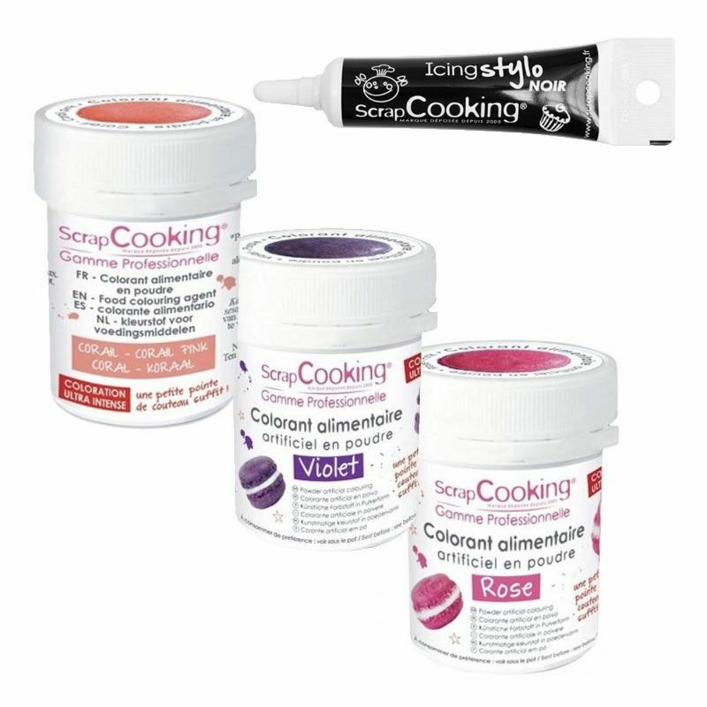3 colorants alimentaires rose-violet-corail + stylo glaçage noir
