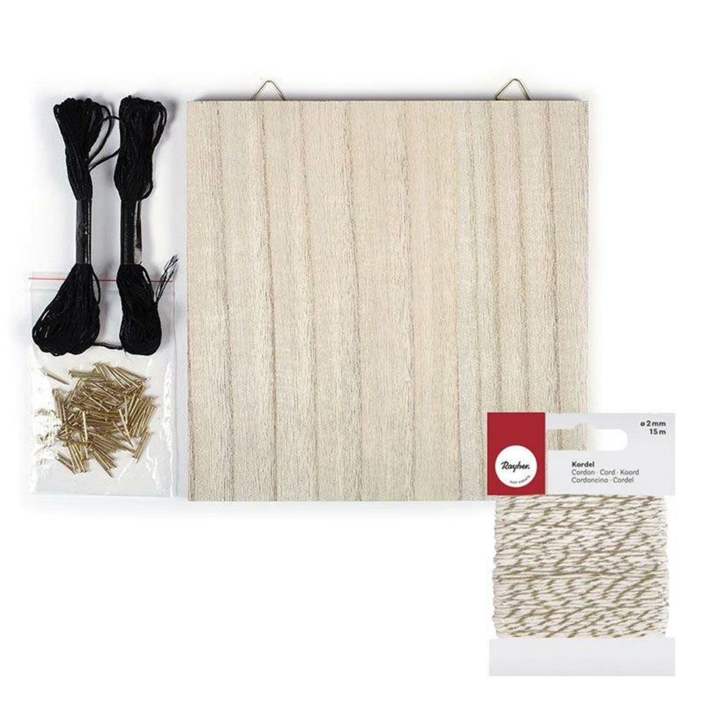 Cadre mural string art 22 x 22 cm + ficelle dorée & blanche 15 m