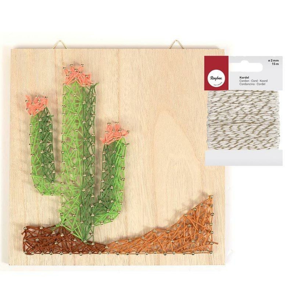 Cadre bois mural string art 22 x 22 cm cactus + ficelle dorée & blanche