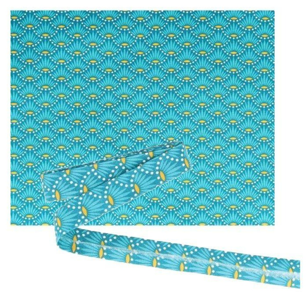 Tissu 55 x 45 cm & biais de couture 3 m x 2 cm - bleu clair à fleurs