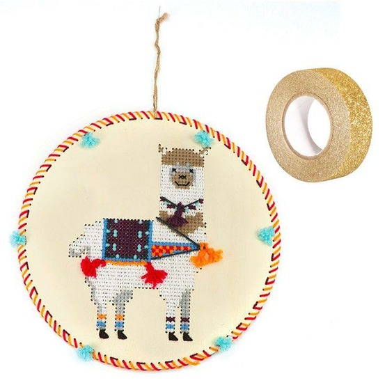 Coffret suspension bois à broder lama + masking tape doré à paillettes 5 m