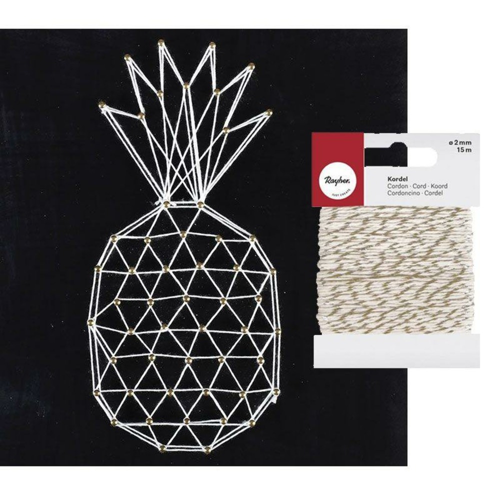 Cadre mural string art ananas 22 x 22 cm + ficelle dorée & blanche
