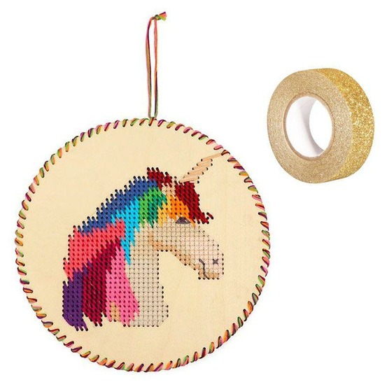 Coffret suspension bois à broder tête de licorne + masking tape doré à paillettes 5 m