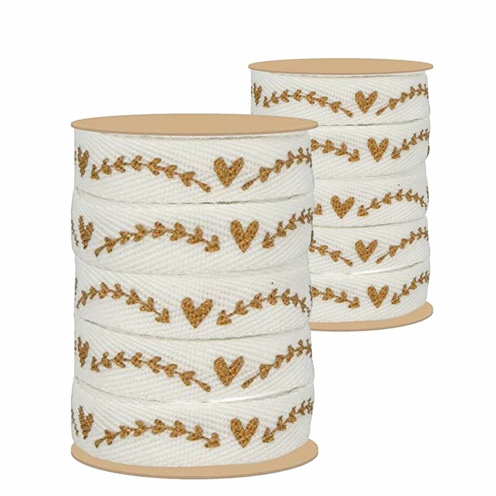 2 rubans blancs et dorés cœur végétal 1 cm x 5 m
