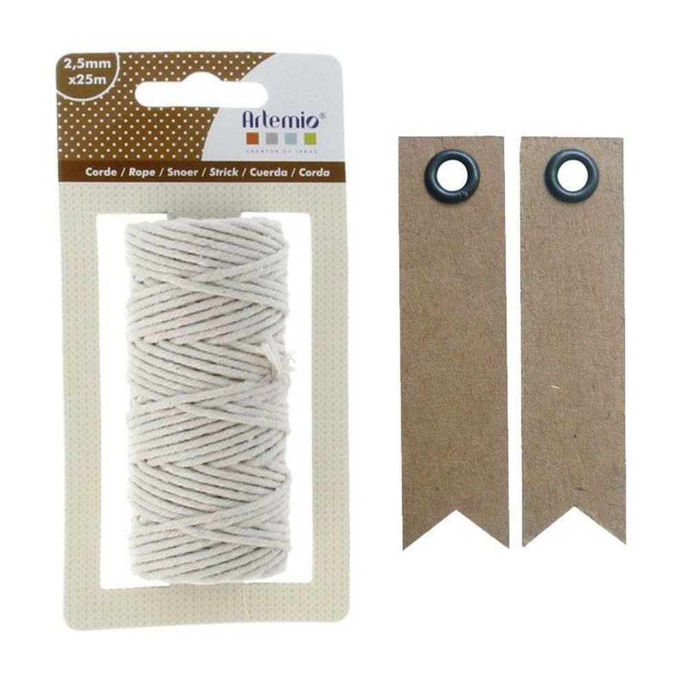 Ficelle coton pour macramé 25 m- beige + 20 étiquettes kraft fanion