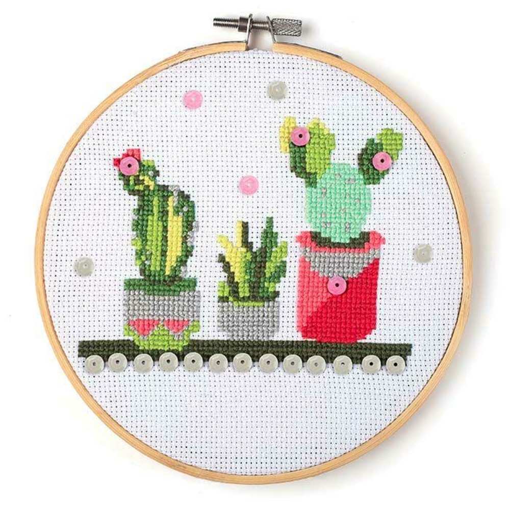 Coffret mon cercle en bois à broder ø 15,5 cm - cactus