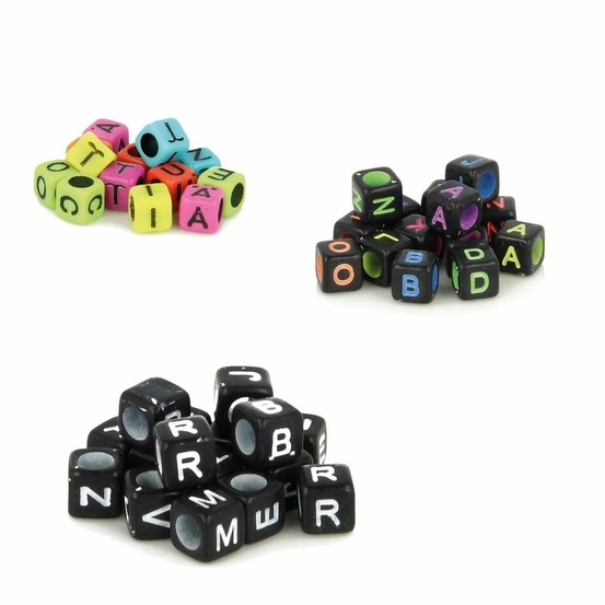 900 perles carrées alphabet 6 mm - fluo, noir & blanc