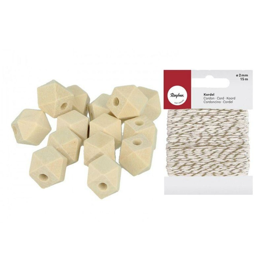14 perles bois polygonales 14 x 12 mm + ficelle dorée & blanche 15 m