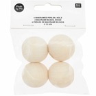 4 perles rondes macramé - bois nature - 35 mm