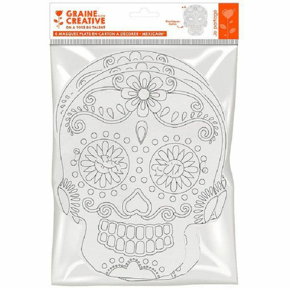 6 masques plats en carton à colorier - calavera mexicaine