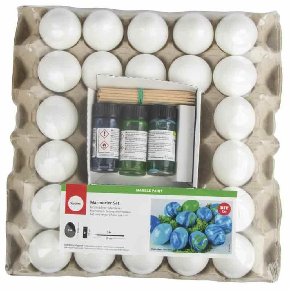 Kit à marbrer 24 œufs plastique blanc + 3 pots bleu-vert