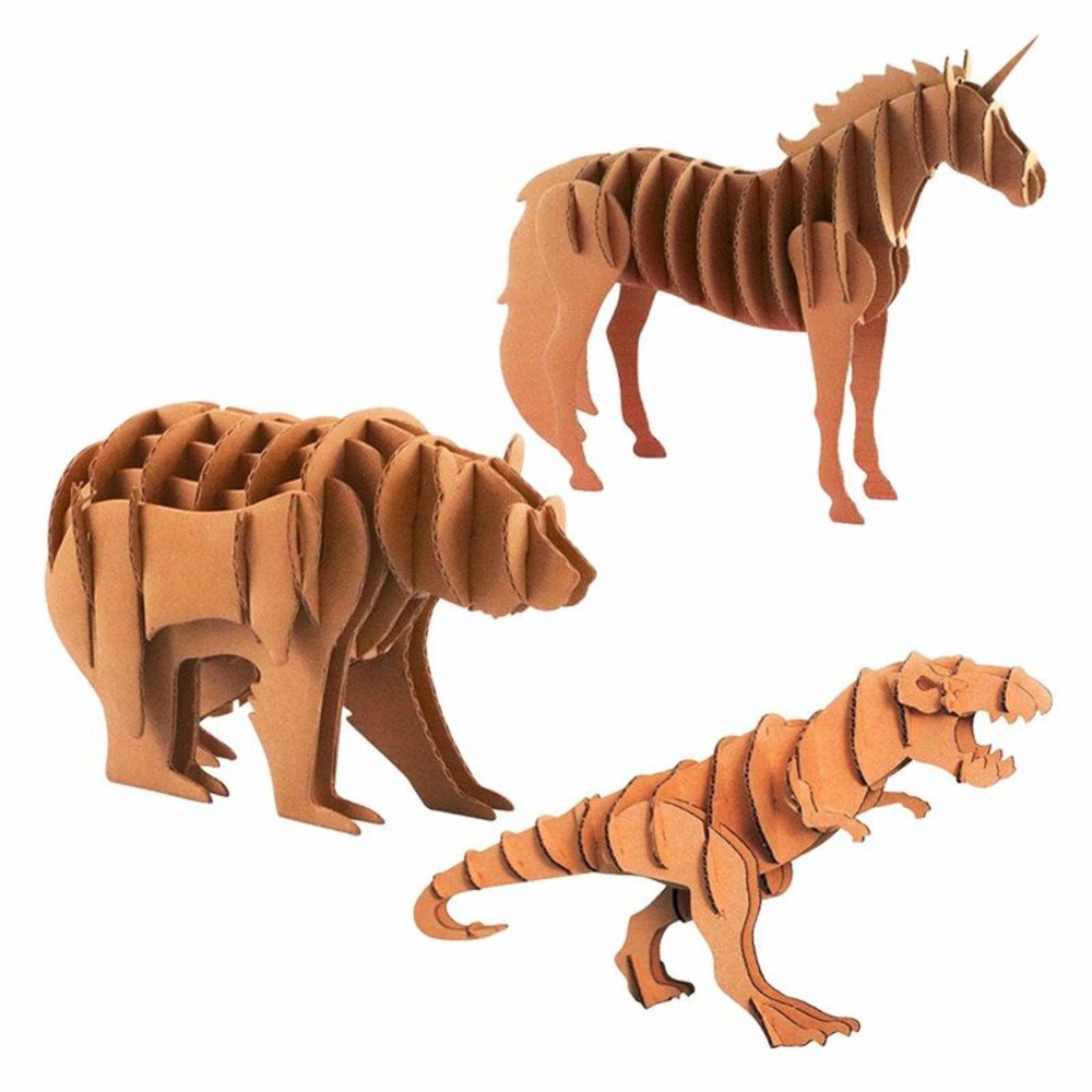 3 maquettes à monter en carton - tyrannosaure, licorne, ours