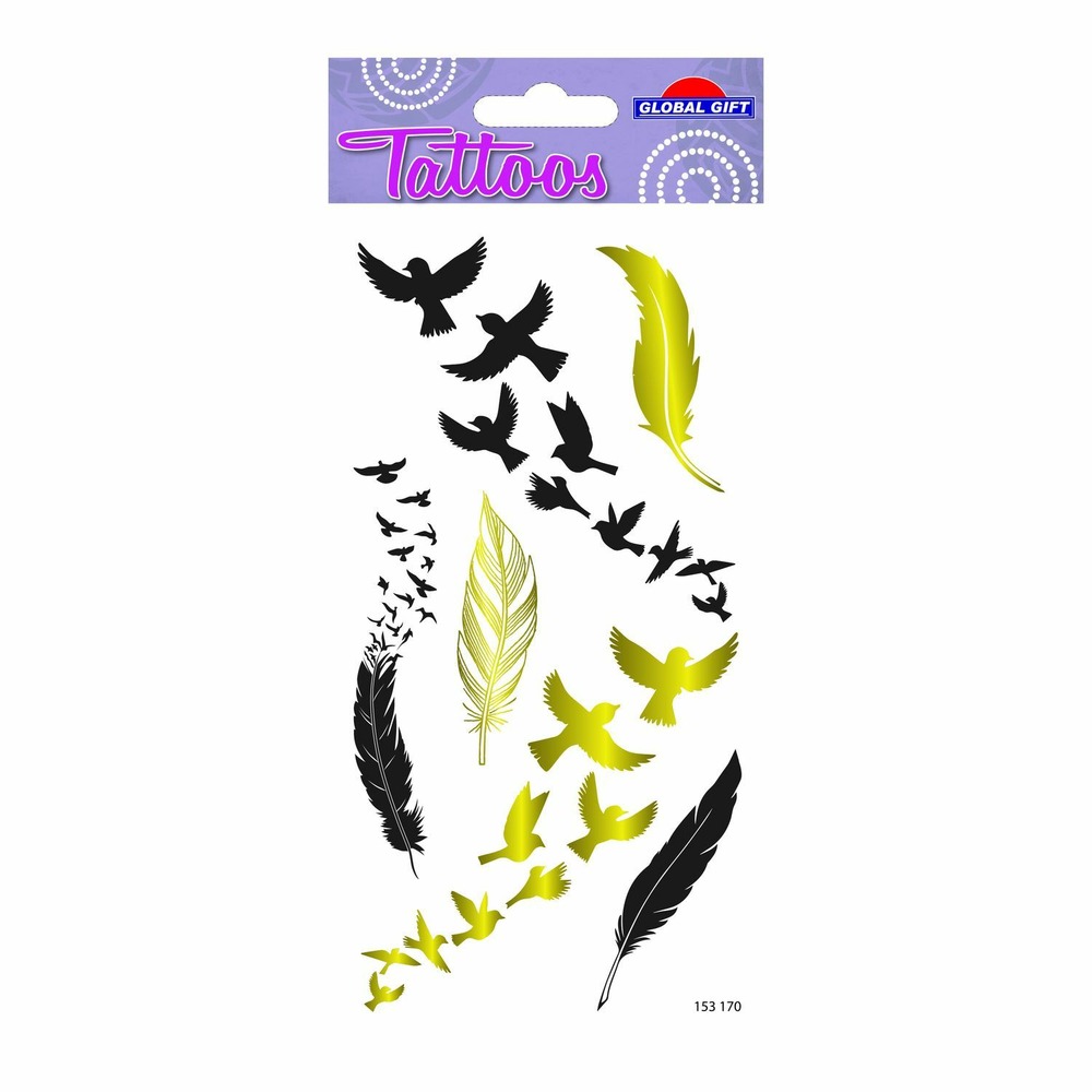 Tatouages temporaires - oiseaux et plumes - noir & dorures