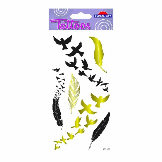Tatouages temporaires - oiseaux et plumes - noir & dorures