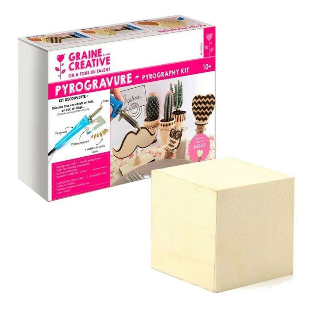 Coffret pyrogravure + cube bois à décorer 5 cm