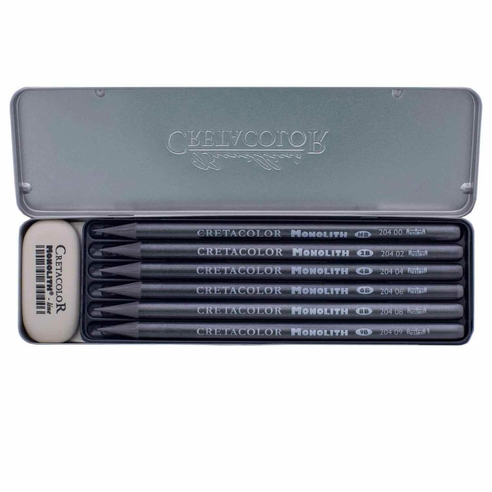 Set 6 crayons esquisse monilith graphite pur et gomme - boîte métal