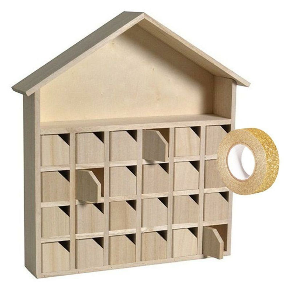 Calendrier de l'avent bois maison 31,5 x 7 x 34 cm + masking tape doré à paillettes 5 m