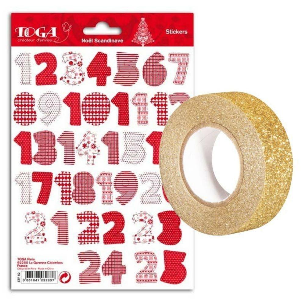 Stickers noël calendrier de l'avent scandinave + masking tape doré à paillettes 5 m