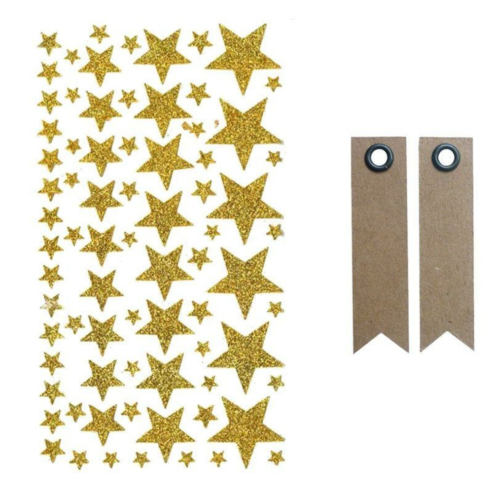 Stickers étoiles à paillettes dorées + 20 étiquettes kraft fanion