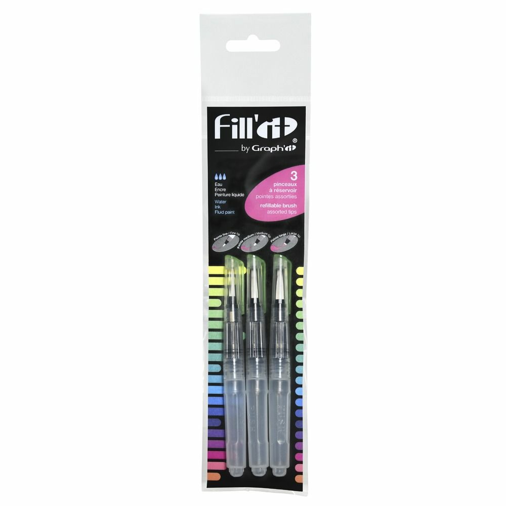 Set de 3 pinceaux réservoir à pointe assorties fill'it - 5 ml