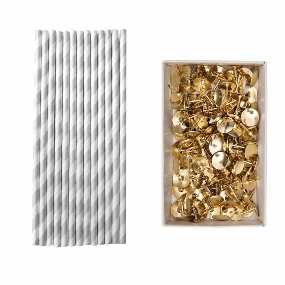 25 pailles argentées en papier 20 cm + 150 punaises dorées