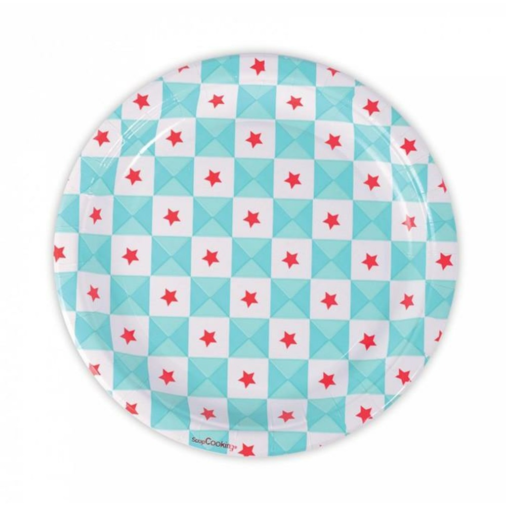 8 assiettes en carton - géométrie étoiles bleues