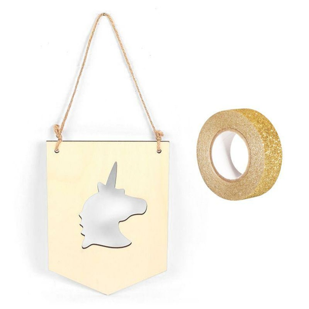 Fanion bois à suspendre 20 x 15 cm licorne + masking tape doré à paillettes 5 m