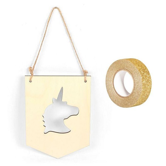 Fanion bois à suspendre 20 x 15 cm licorne + masking tape doré à paillettes 5 m