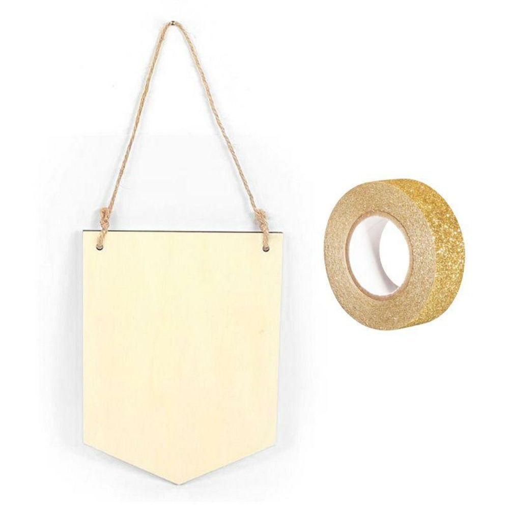 Fanion bois à suspendre 20 x 15 cm + masking tape doré à paillettes 5 m