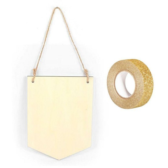 Fanion bois à suspendre 20 x 15 cm + masking tape doré à paillettes 5 m