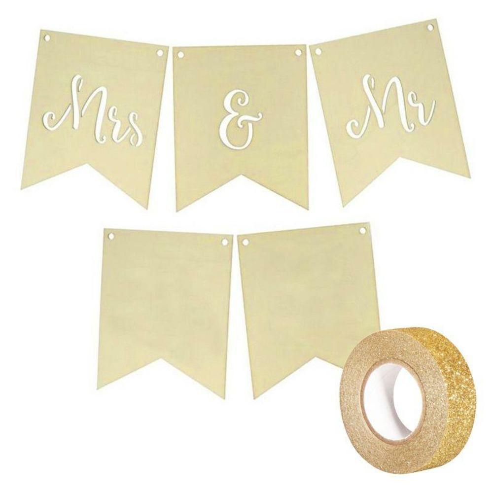 Fanions en bois mariage mrs & mr + masking tape doré à paillettes 5 m