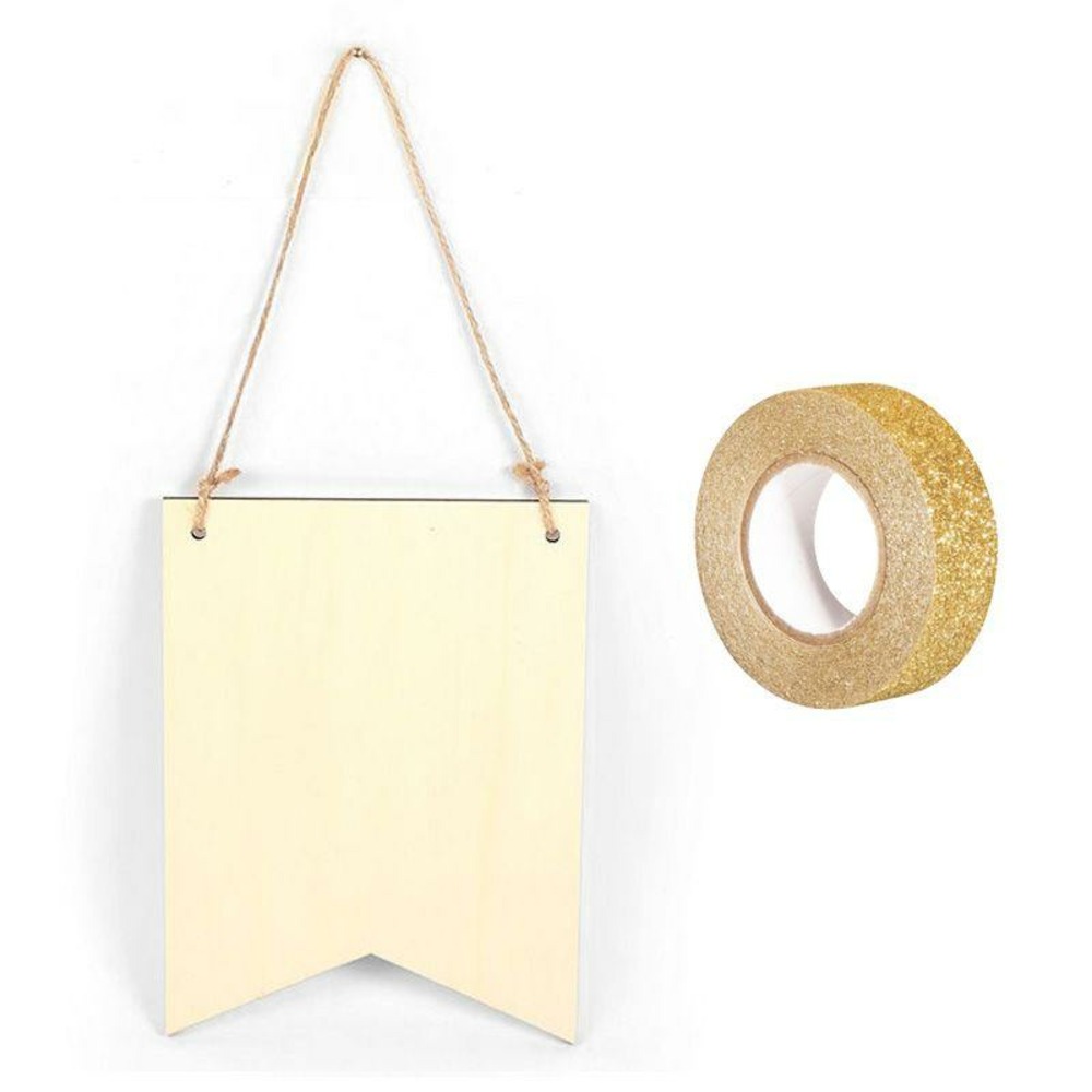 Fanion bois à suspendre 20 x 15 cm 2 pointes + masking tape doré à paillettes 5 m