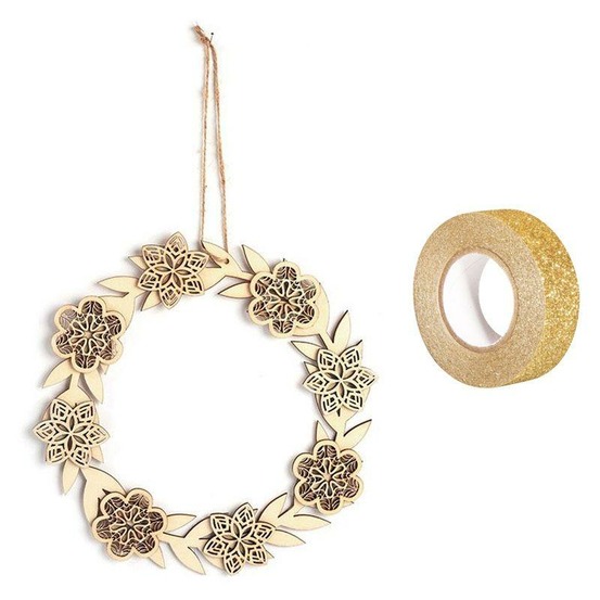 Décor à suspendre bois couronne de fleurs 22 x 22 cm + masking tape doré à paillettes 5 m