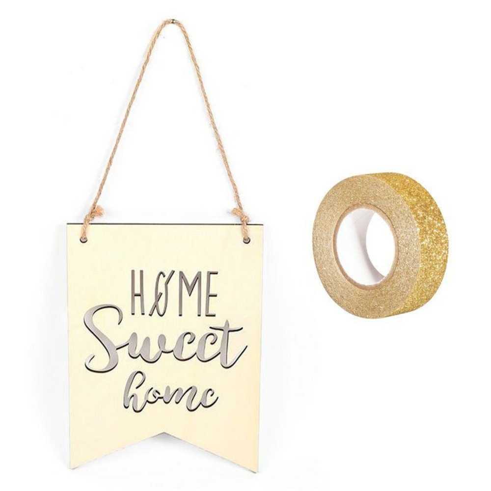 Fanion bois à suspendre 20 x 15 cm home sweet home + masking tape doré à paillettes 5 m
