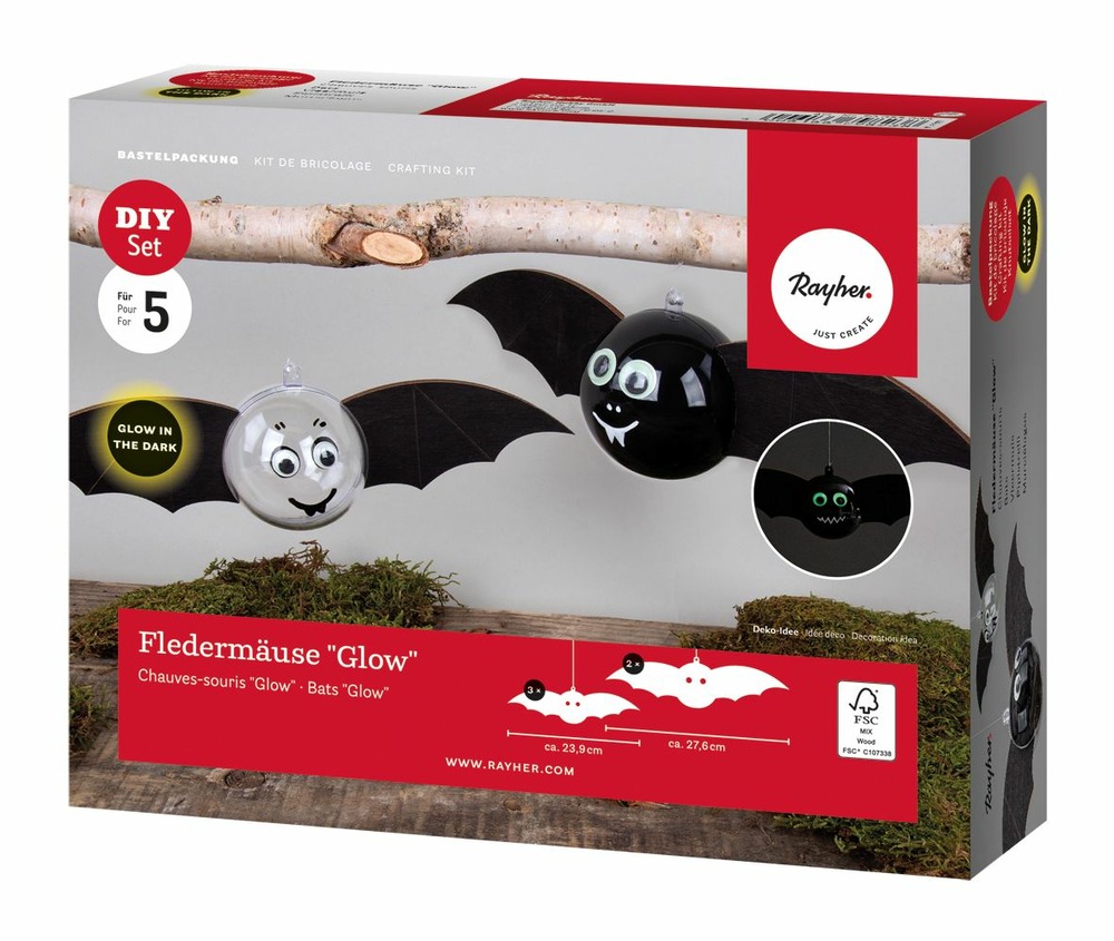 Kit chauves-souris phosphorescentes à suspendre - 2 x 27,6 cm et 3 x 23,9 cm