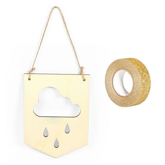 Fanion bois à suspendre 20 x 15 cm nuage + masking tape doré à paillettes 5 m