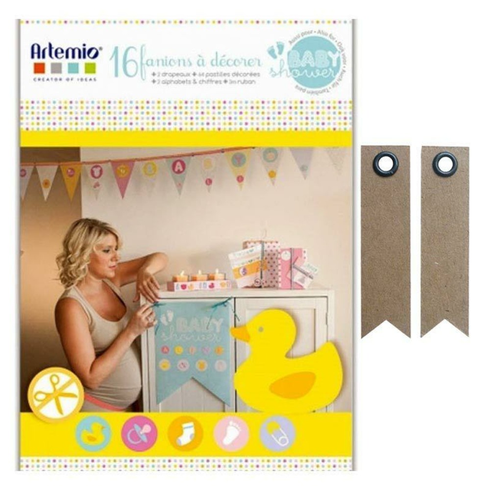 Coffret fanions pour babyshower + 20 étiquettes kraft fanion