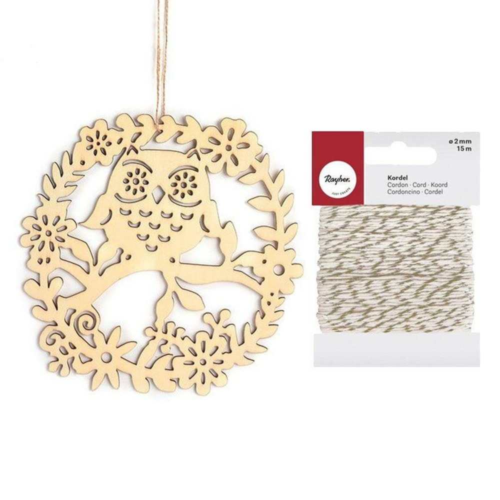 Décor à suspendre en bois 22 x 22 cm hibou + ficelle dorée & blanche 15 m