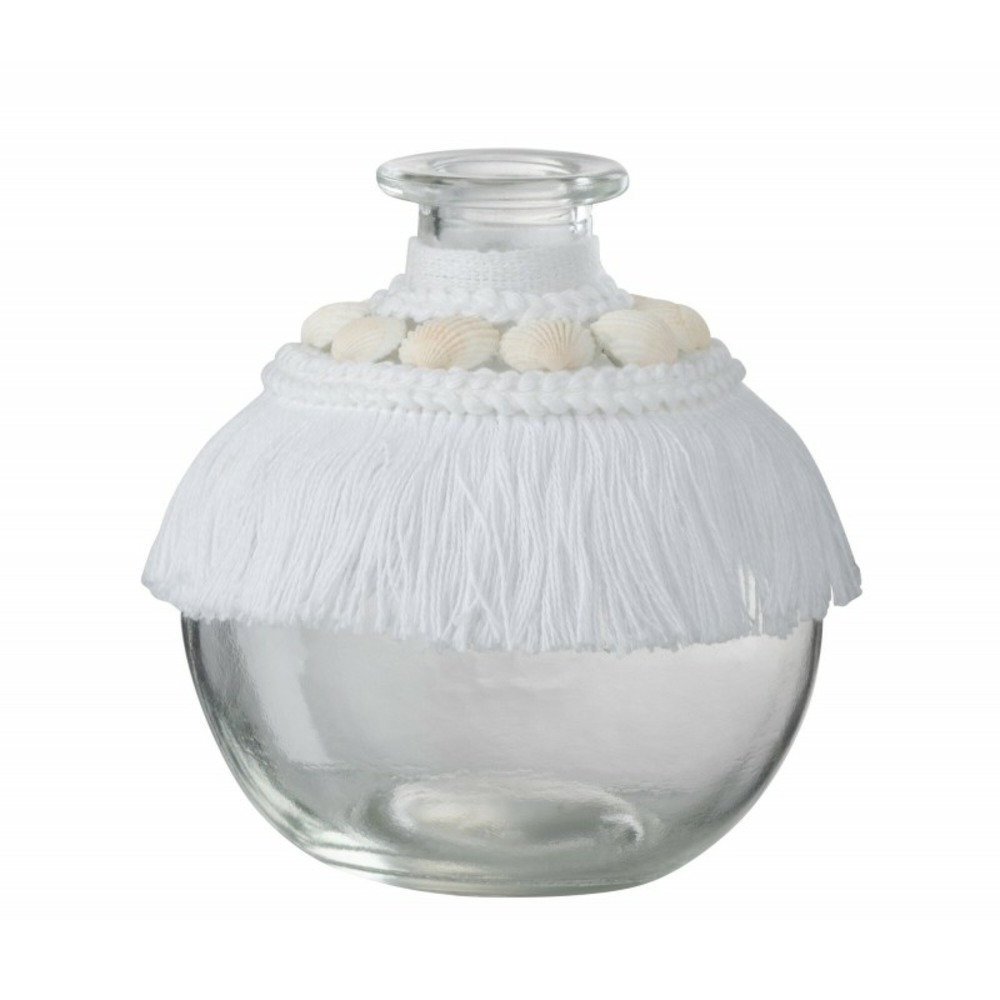Vase avec coquillages et textile en verre blanc 9x9x10 cm