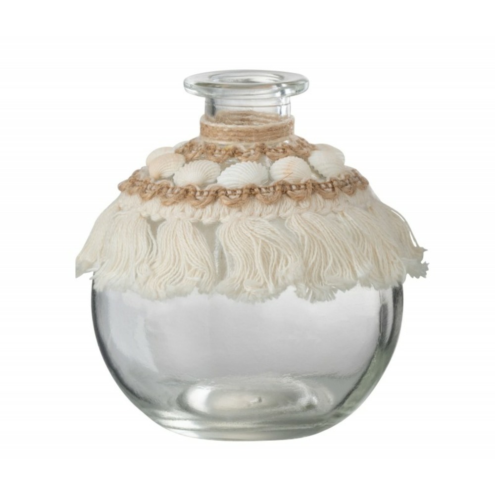 Vase avec coquillages et textile en verre beige 10x10x10 cm