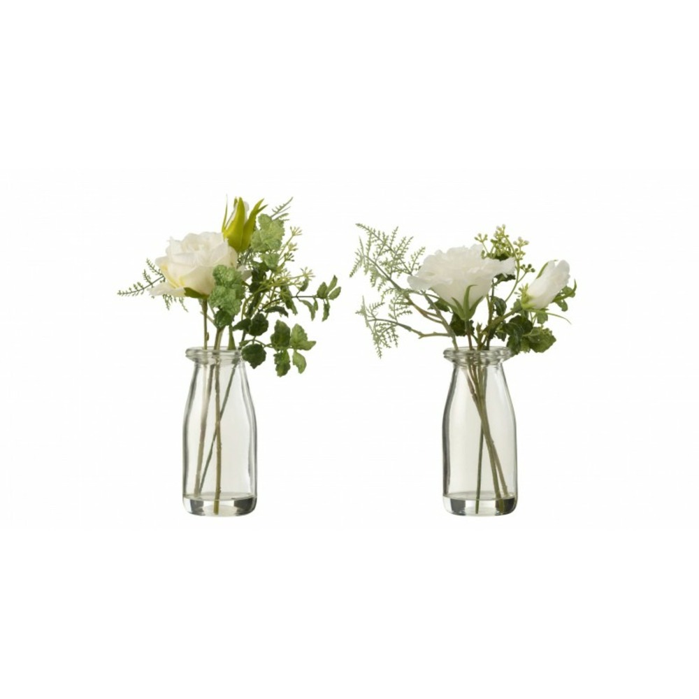 Set de 2 bouquets artificiels dans vase en plastique blanc 15x15x24 cm