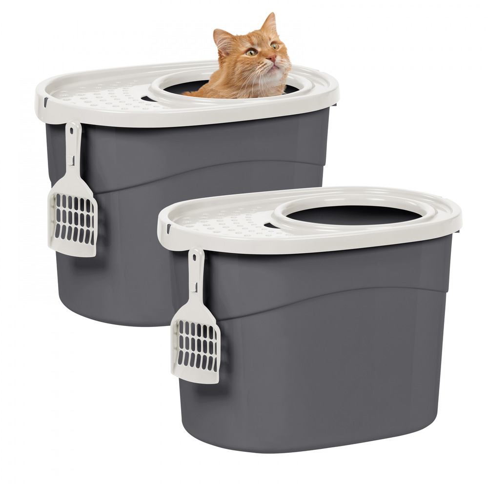 2 pack, bac à litière, avec couvercle perforé, pour chat - top entry cat litter box - tecl-20x2, gris/blanc
