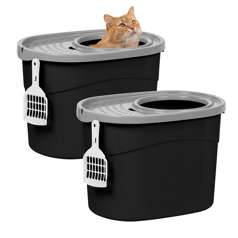 2 pack, bac à litière, avec couvercle perforé, pour chat - top entry cat litter box - tecl-20x2, noir/gris