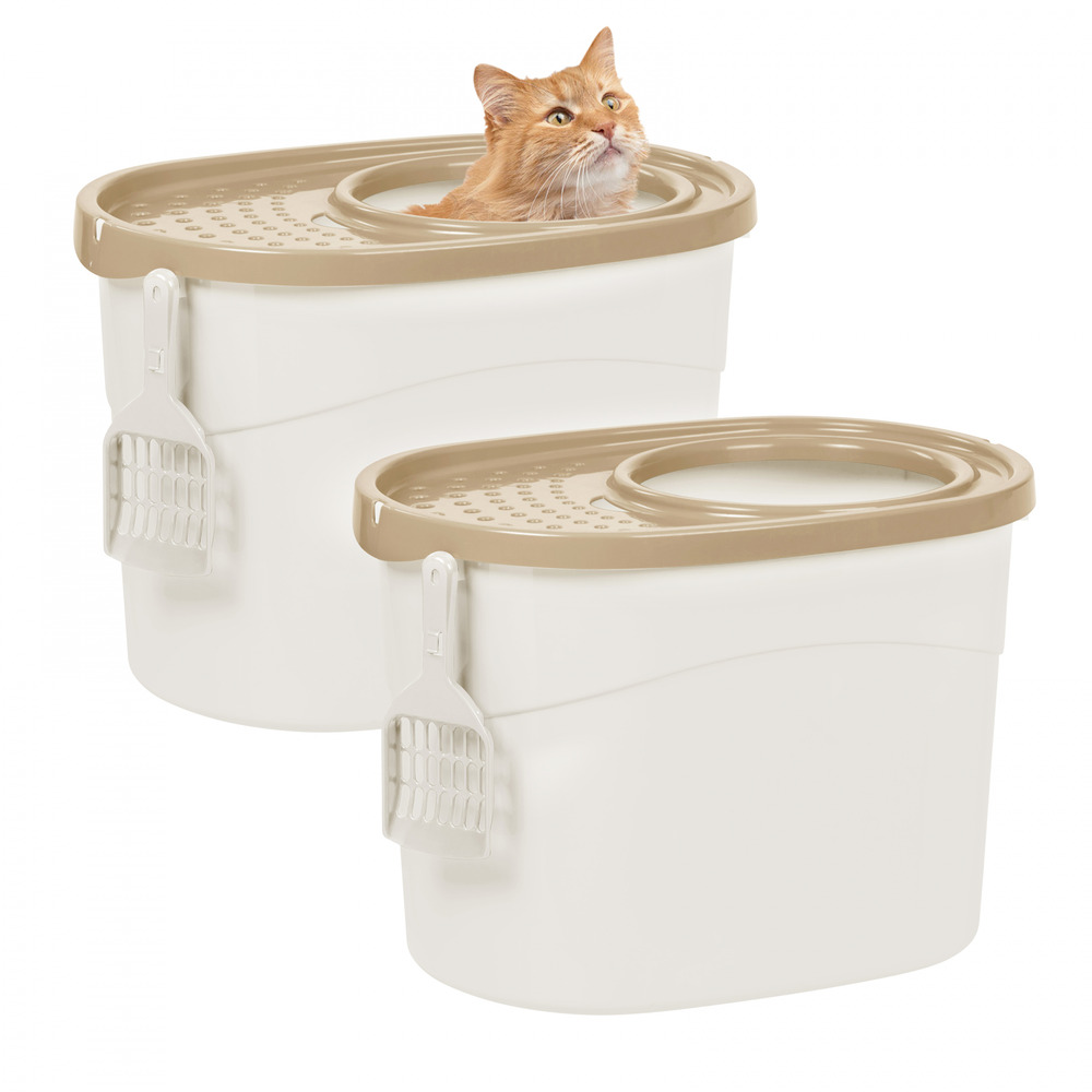 2 pack, bac à litière, avec couvercle perforé, pour chat - top entry cat litter box - tecl-20x2, blanc/beige