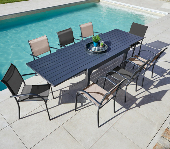 Ensemble table et chaises de jardin - 8 places - gris anthracite et lin - honfleur xl beziers