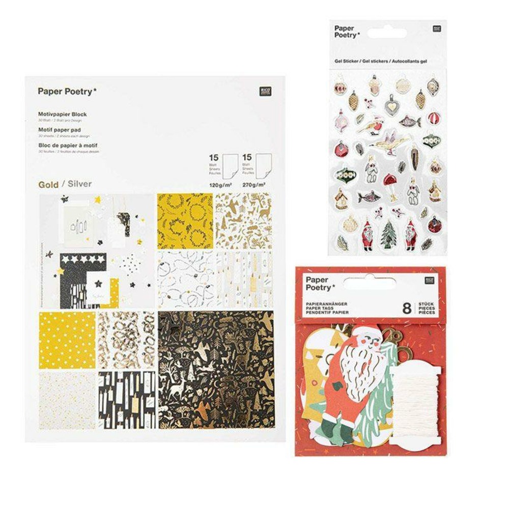 30 feuilles de papier or-argent + stickers gel + 8 étiquettes noël nostalgique