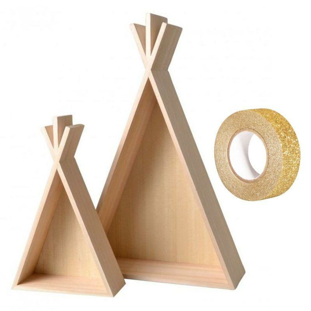 2 étagères bois tipi 45 et 26 cm + masking tape doré à paillettes 5 m