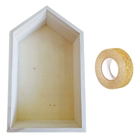Etagère bois maison 30,5 x 18 x 10 cm + masking tape doré à paillettes 5 m